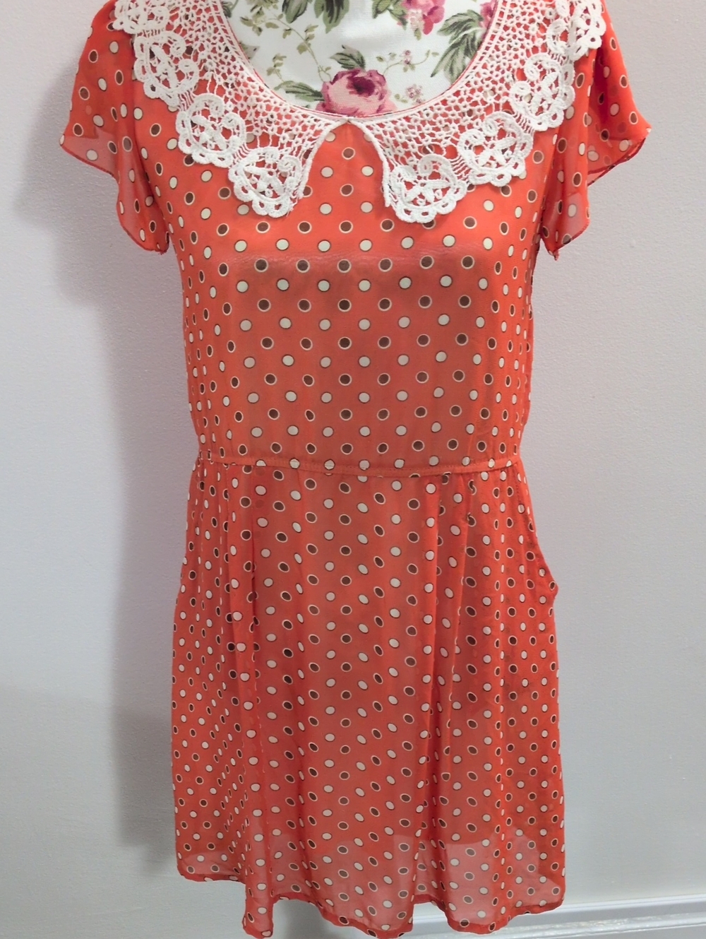 VINTAGE Polka Dot Orange Short Sleeve Dress with Lace Collar